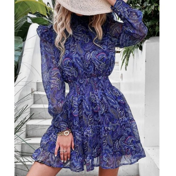 MODA ME COUTURE Dresses & Skirts - Boho blue Paisley Ruffle Trim Shirred Dress